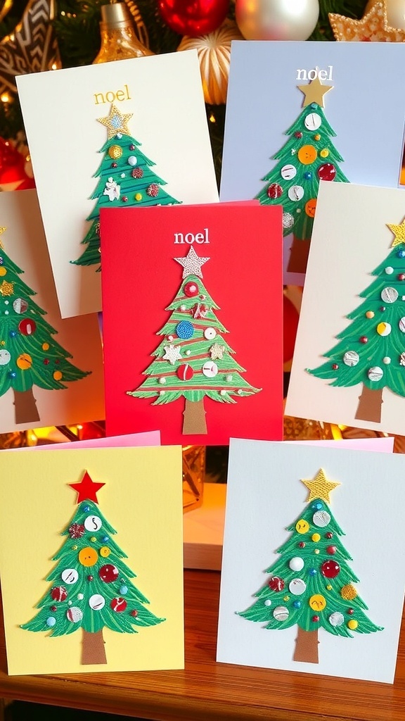 Handmade Christmas tree Noel cards with colorful designs and decorations, displayed on a festive table.
